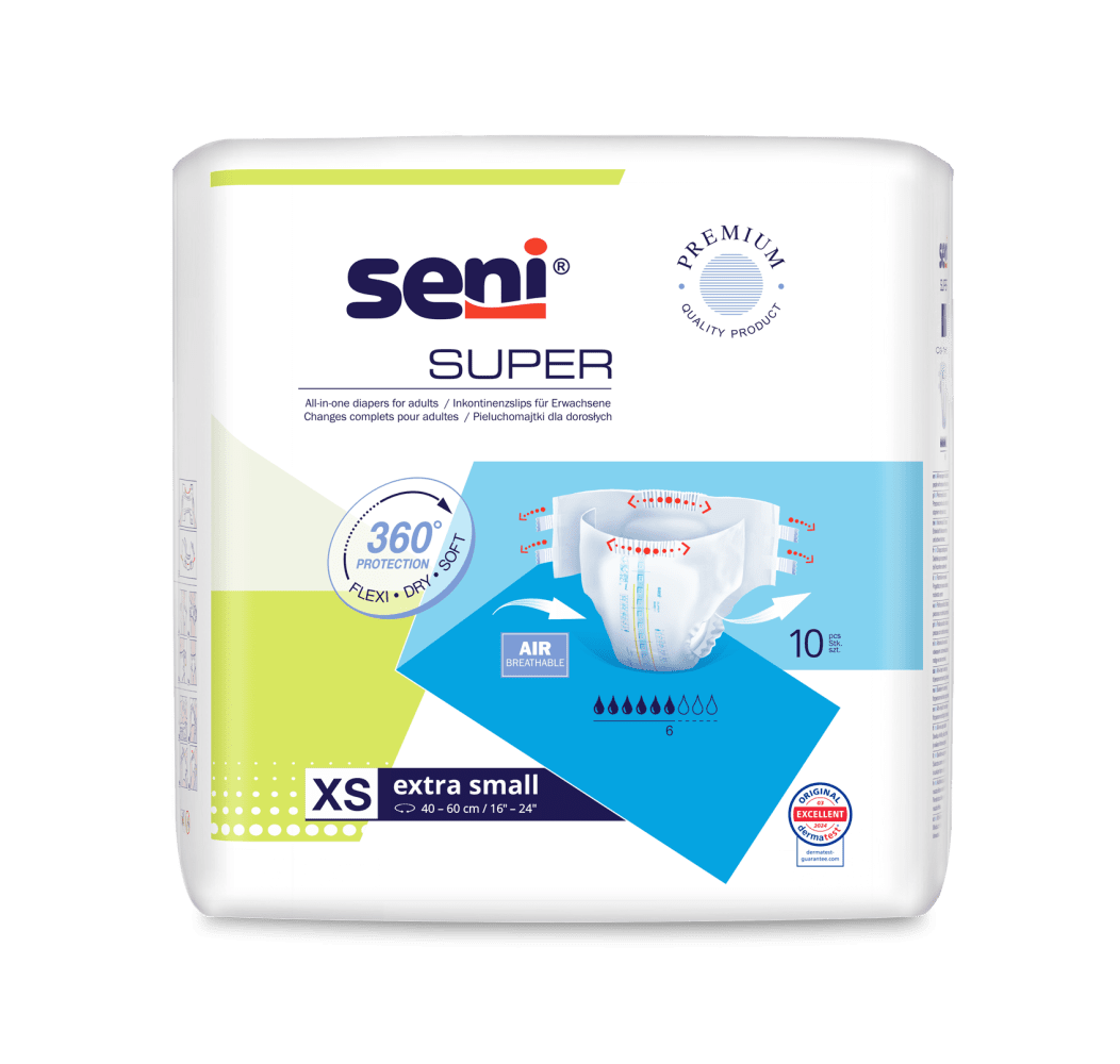 Inkontinenzhosen Seni Super Extra Small, Hüfte 40 bis 60 cm(1 Karton: 12 x 10 Stück)