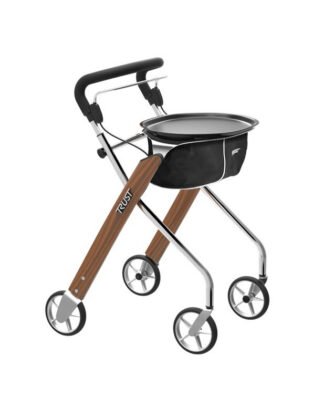 Rollator Let´s Dream, Wohnraumrollator, Holzoptik/chrom, inkl. Tablett und Stoffkorb