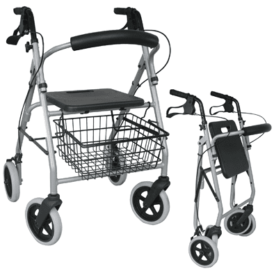 Leichtgewichtrollator Gigo 2G anatomische Griffe, Tablett, Korb, silber