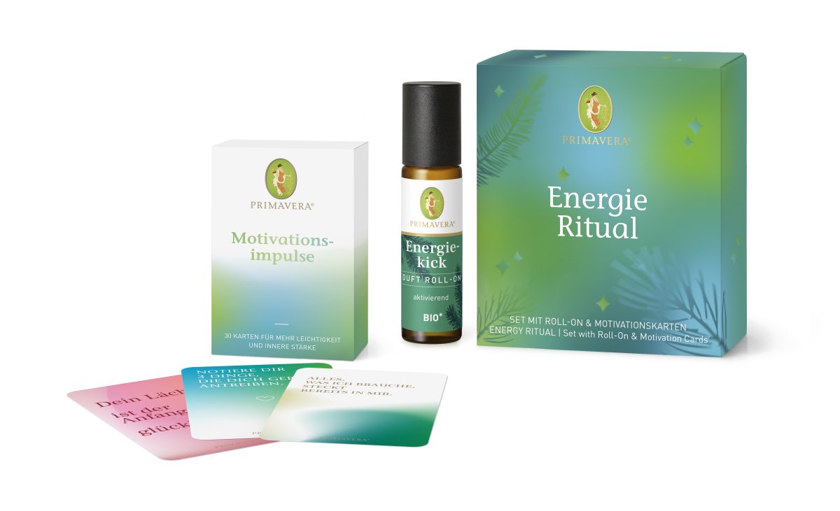 Geschenkset Energieritual, Energiekick Duft Roll-on bio 10 ml + 33 Motivationskarten